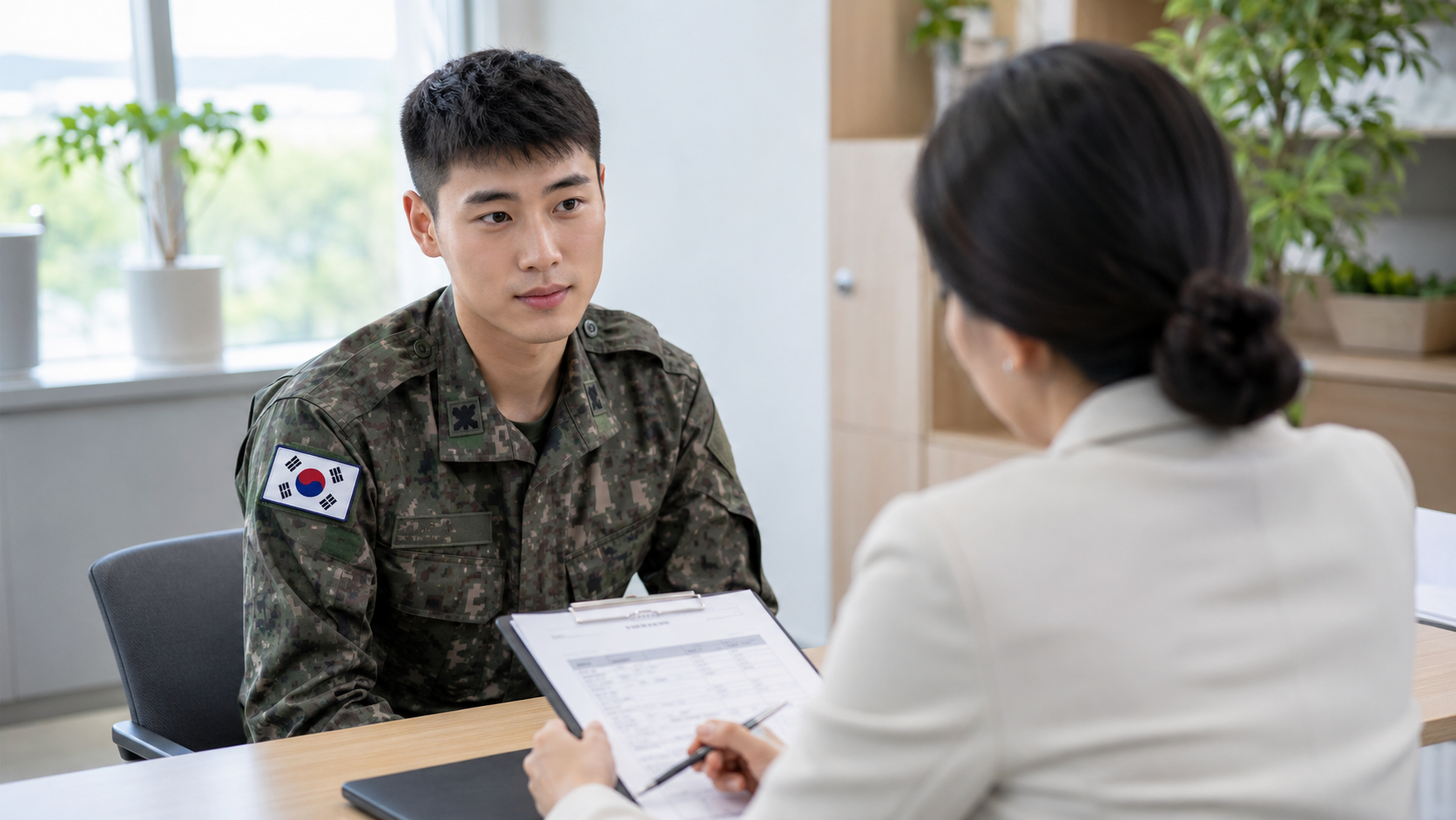 군 장병과 상담자가 상담 자료를 살펴보는 연출 이미지